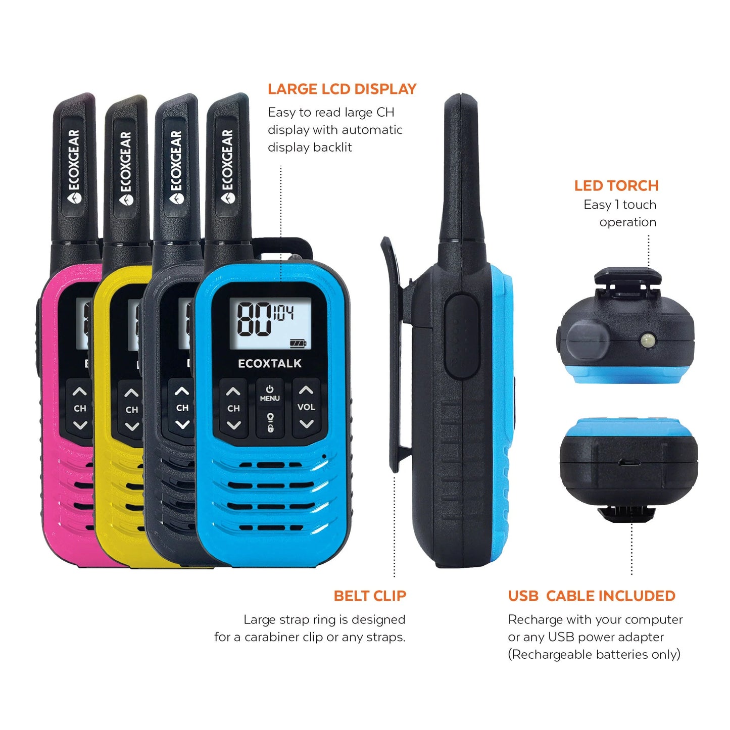 ECOXGEAR ECOXTALK EXG50 UHF CB Handheld Radio (Four Colours - Black, Blue, Pink, and Yellow)