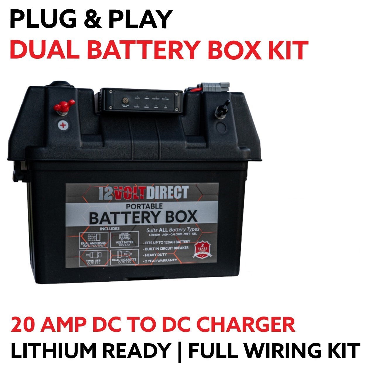 12 VOLT DIRECT Plug & Play Portable Dual Battery Box Powerstation Kit (Battery Box only/ 20amp DCDC/40 Amp DCDC)